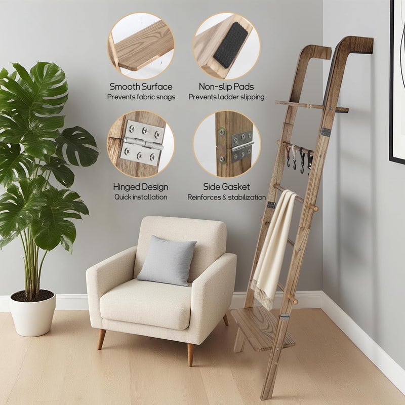 Fuairmee Wooden Ladder with Shelf for Room Decor, 6-Tier Decor Ladder with Non-Slip Mat & Hooks, Farmhouse Style Leaning Wall Display Holder - Image 2